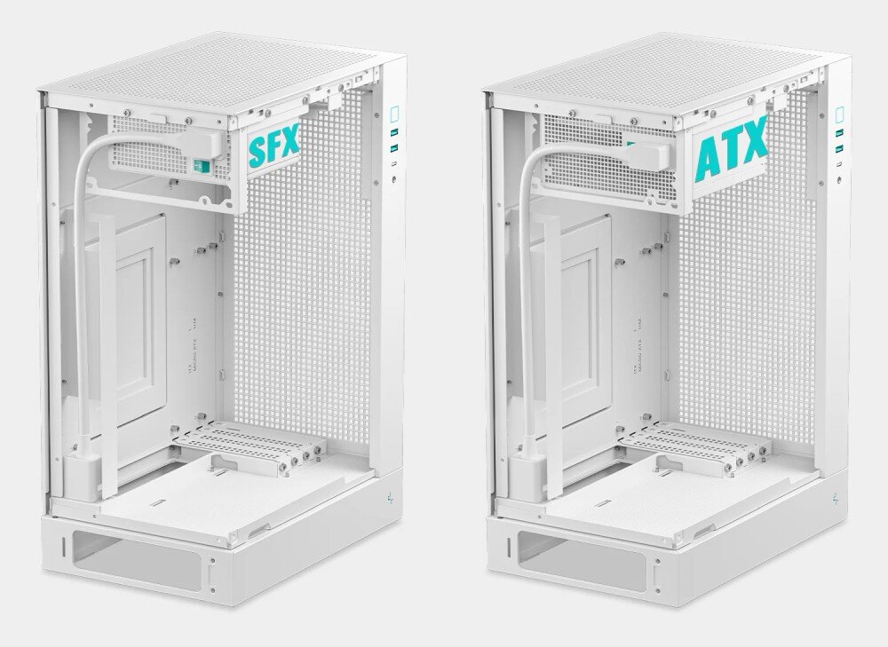 Obudowa DEEPCOOL CH170 Plus dwa widoki wnętrza obudowy pokazujące opcje montażu różnych zasilaczy oznaczonych napisami 'ATX' oraz 'SFX' w górnej części konstrukcji