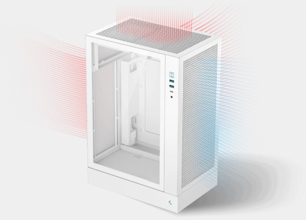 Obudowa DEEPCOOL CH170 Plus obudowa komputerowa z naniesionymi kolorowymi liniami symbolizującymi przepływ powietrza, gdzie czerwone linie wychodzą górą, a niebieskie wchodzą bokiem