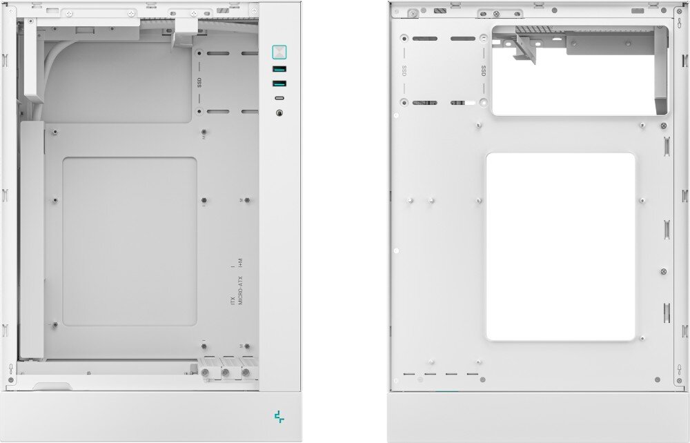 Obudowa DEEPCOOL CH170 Plus dwa widoki bocznych sekcji montażowych obudowy z widocznymi miejscami na dyski, płytę główną oraz otworami na przewody