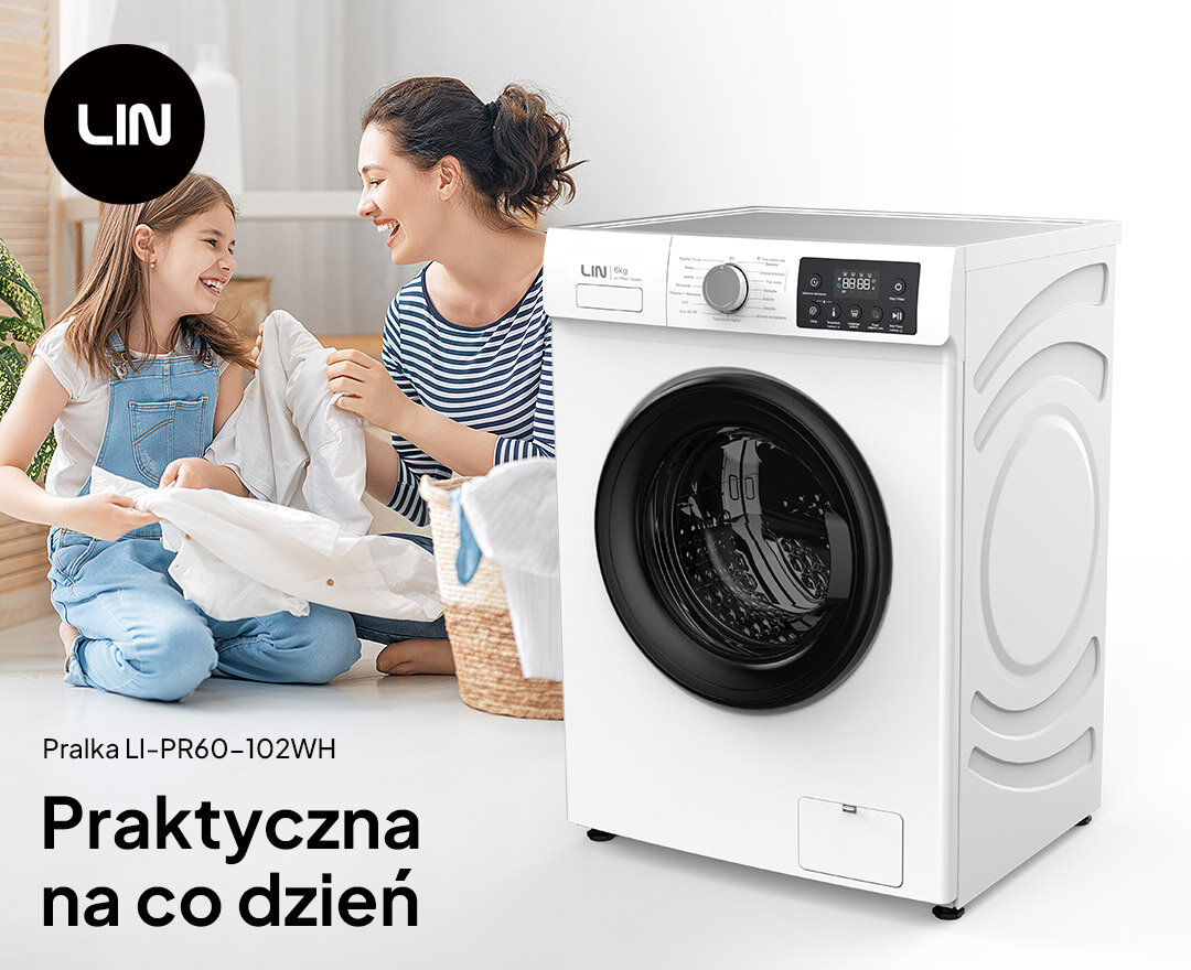 Pralka LIN LI-PR60-102WH rodzina dziecko kobieta kosz odzież pralka bok pokrętło wyświetlacz