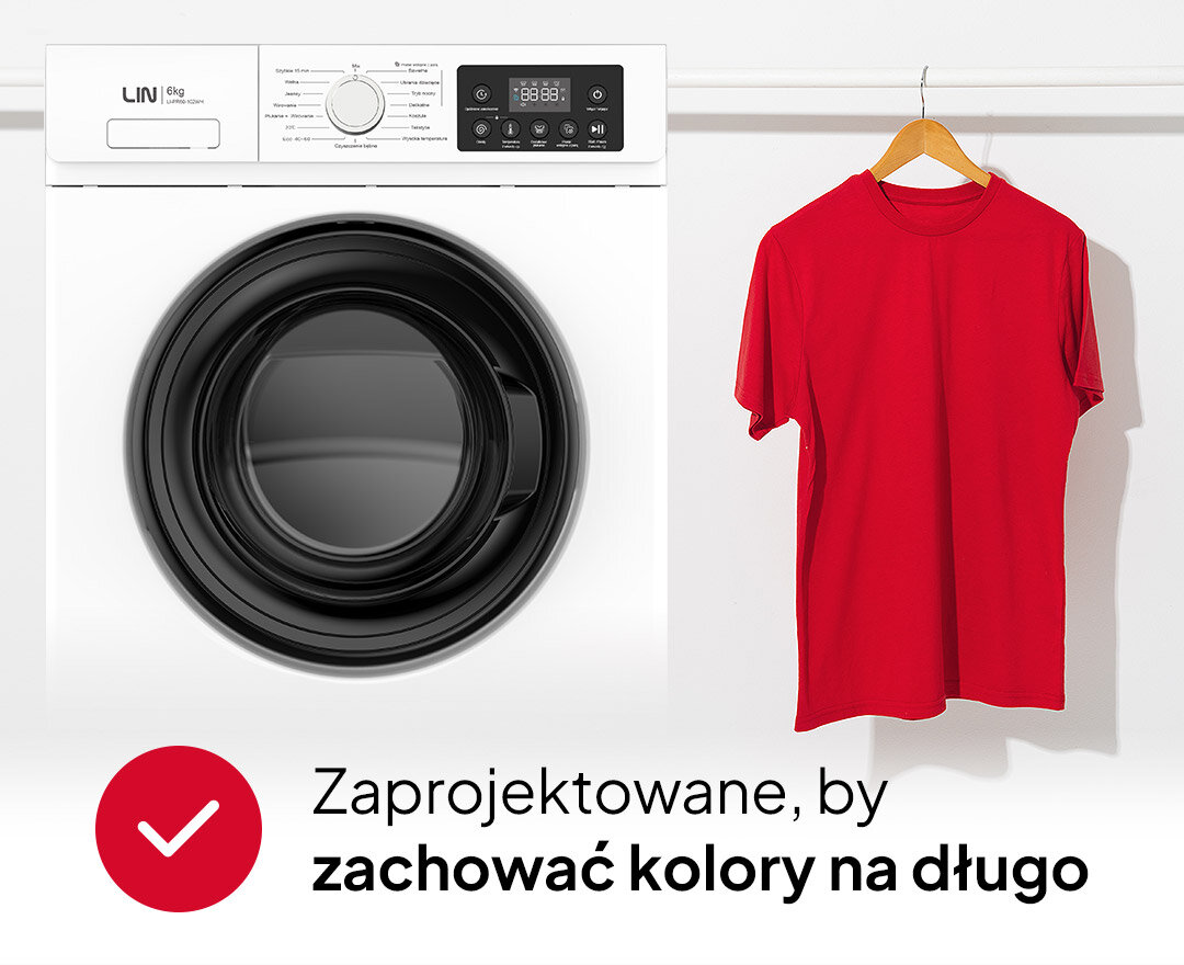 Pralka LIN LI-PR60-102WH front drzwiczki panel sterowania wyświetlacz pokrętło czerwona koszulka t-shirt niskie temperatury ochrona kolorów