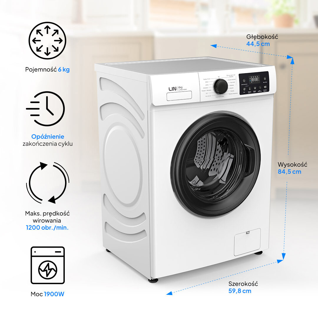 Pralka LIN LI-PR60-102WH bok wymiary wysokość szerokość głębokość funkcje ładowana od frontu 6 kg 1200 obr./min 16 programów dodatkowe płukanie dodatkowe wirowanie intuicyjny panel sterowania pokrętło przyciski opóźnienie zakończenia cyklu oszczędność czasu małe gospodarstwa domowe codzienne użytkowanie wydajne pranie tekstylia odzież kompaktowy model funkcjonalne urządzenie łatwa obsługa