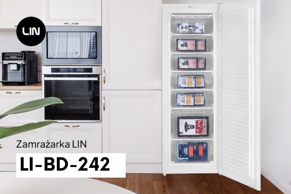 Zamrażarka LIN LI-BD-242 Biały wizualizacja model logo marka kuchnia zabudowa piekarnik mikrofala ekspres na blacie zamrażarka otwarta szuflady mrożonki