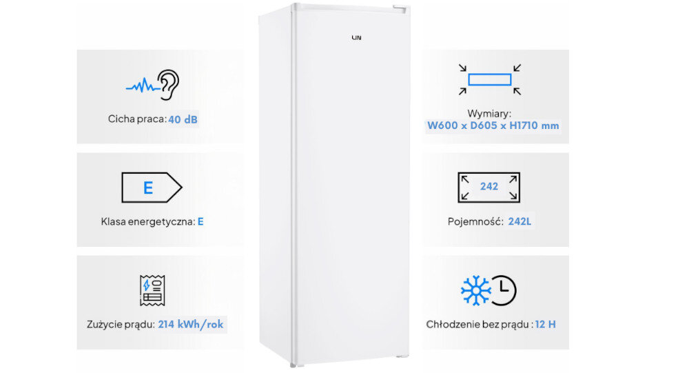 Zamrażarka LIN LI-BD-242 Biały zamknięta front kolor biały najważniejsze cechy cicha praca 40 dB klasa energetyczna E zużycie prądu wymiary pojemność chłodzenie bez prądu