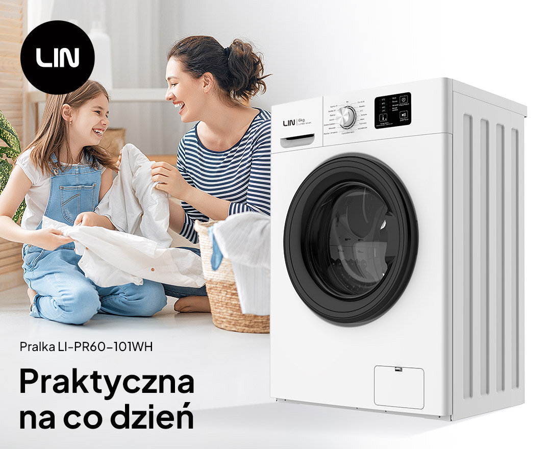 Pralka LIN LI-PR60-101WH rodzina dziecko kobieta kosz odzież pralka bok pokrętło wyświetlacz