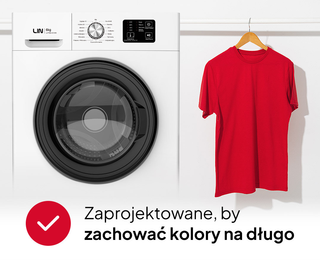 Pralka LIN LI-PR60-101WH front drzwiczki panel sterowania wyświetlacz pokrętło czerwona koszulka t-shirt niskie temperatury ochrona kolorów