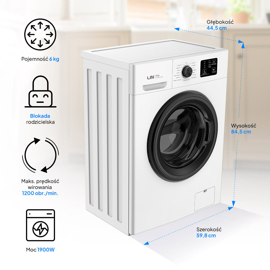 Pralka LIN LI-PR60-101WH bok wymiary wysokość szerokość głębokość funkcje blokada rodzicielska maksymalna prędkość wirowania moc