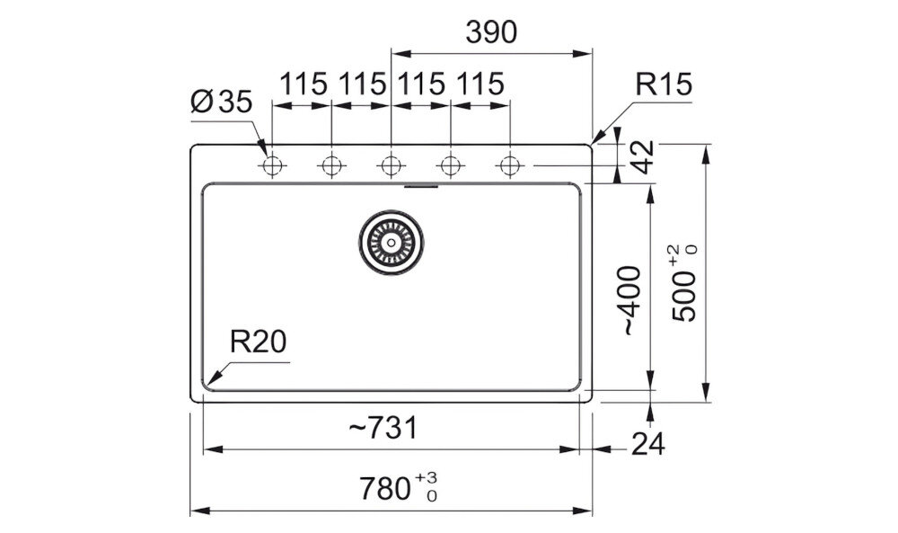 ZLEWOZMYWAK FRANKE MARIS MRG 610-73 FTL 114.0661.798 Rysunek techniczny zlewozmywaka z dokładnymi wymiarami i przekrojami montażowymi. Grafika ułatwia zaplanowanie instalacji w blacie zlewozmywak jednokomorowy Fragranite czarny mat wymiary kolor typ