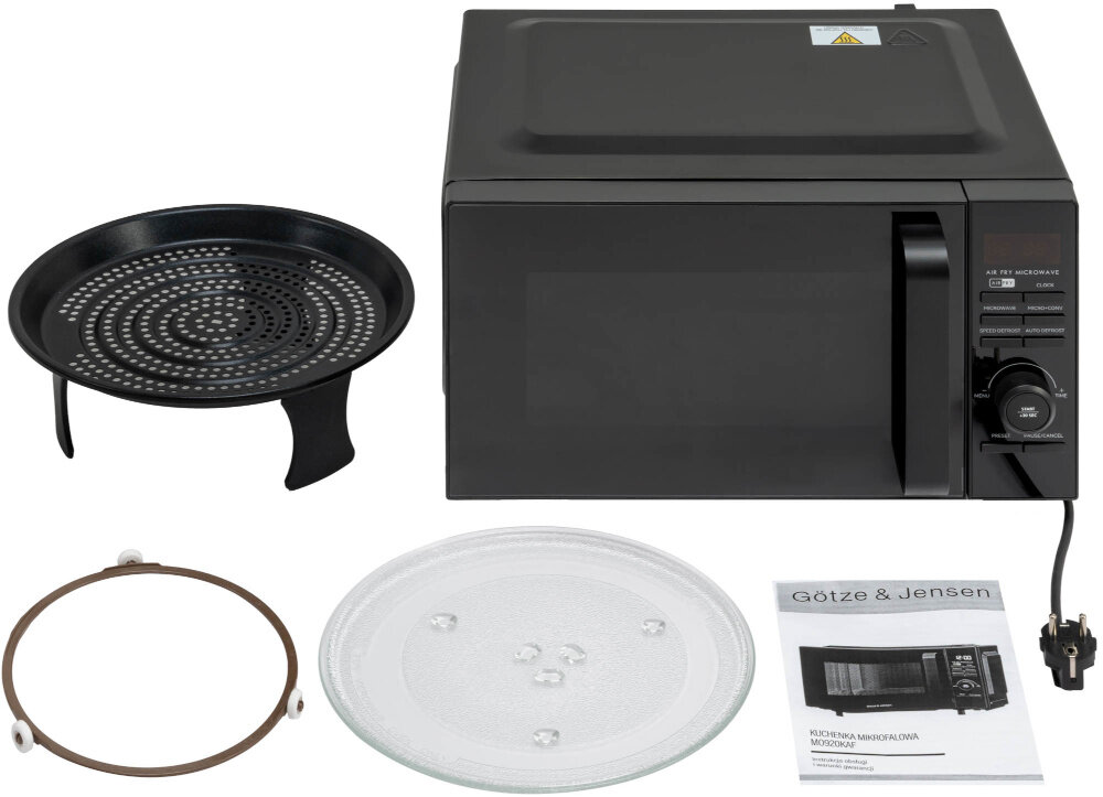 Kuchenka mikrofalowa GÖTZE & JENSEN MO920KAF Twin AirFry 1200W średnica 34.5 cm pojemność 20L Auto Defrost Quick Start Czarny zestaw na białym tle