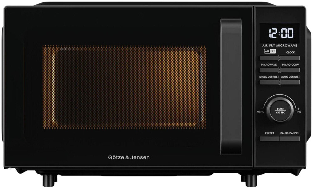 Kuchenka mikrofalowa GÖTZE & JENSEN MO920KAF Twin AirFry 1200W średnica 34.5 cm pojemność 20L Auto Defrost Quick Start Czarny otwarta kuchenka na białym tle do podgrzewania rozmrażania przygotowywania gotowych dań przyrządzania bardziej wymagających potraw funkcji mikrofal termoobiegu grilla smażenia gorącym powietrzem tryb AirFry wnętrze ze stali nierdzewnej trwałe łatwe w utrzymaniu czystości