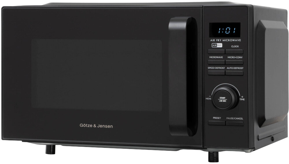 Kuchenka mikrofalowa GÖTZE & JENSEN MO920KAF Twin AirFry 1200W średnica 34.5 cm pojemność 20L Auto Defrost Quick Start Czarny biała zabudowa kuchenna osoba trzyma w palcach pokrętło czytelny wyświetlacz pokrętło MENU/TIME wygodnie rozmieszczone przyciski wybrać poziom mocy ustawić czas pracy zaprogramować opóźniony start funkcji Quick Start gotowanie z pełną mocą po jednym naciśnięciu
