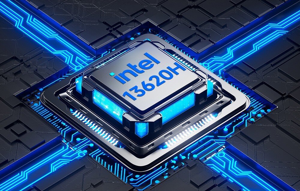 Komputer GMKTEC K7 Plus Procesor z napisem 'Intel 13620H' osadzony na płycie z niebieskimi ścieżkami elektronicznymi, procesor, rdzenie, prędkość