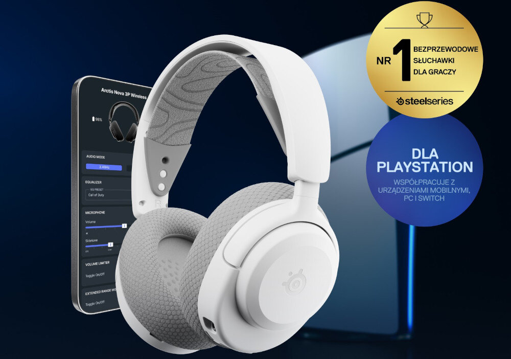 Słuchawki STEELSERIES Arctis Nova 3P - Mocna i czysta głośność, słuchawki gamingowe, samrtfon, konsola ps5 na ciemno-niebieskim tle
