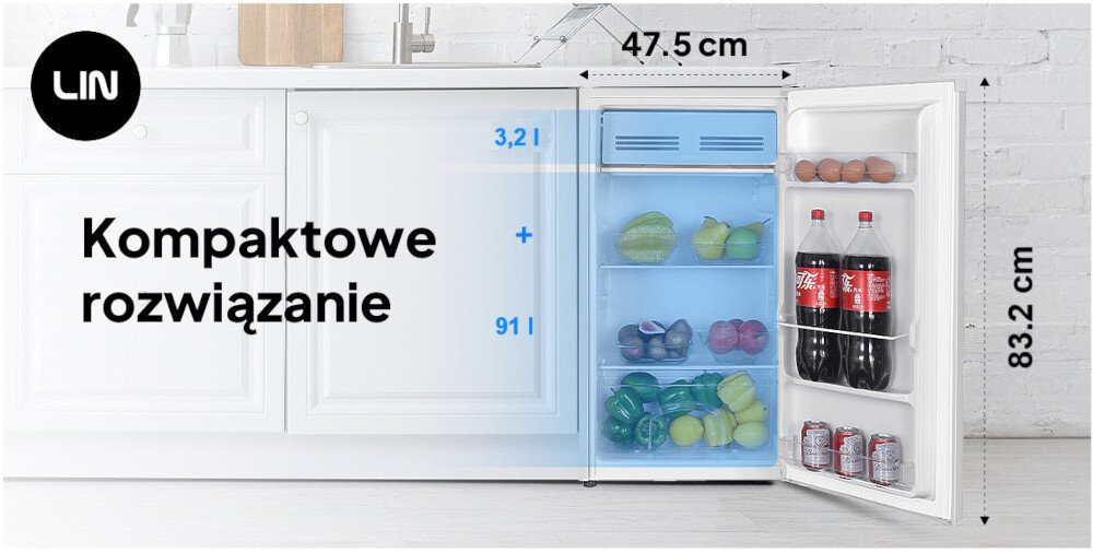 LODÓWKA LIN LI-BC90 BIAŁA pojemność 91 litrów Kompaktowa funkcjonalna 832 x 475 x 442 mm wygoda komfort mniejsze kuchnie