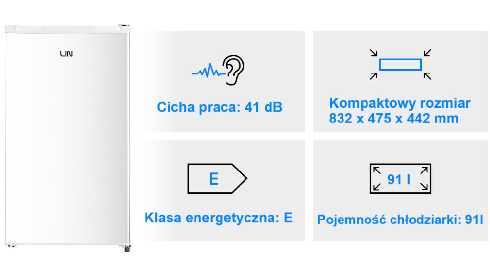LODÓWKA LIN LI-BC90 BIAŁA oszczędność miejsca wygoda do małych pomieszczeń Kompaktowe rozmiary cicha praca 39 dB