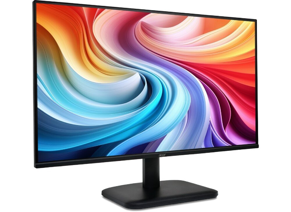 Monitor ACER EK251QG Monitor z cienkimi ramkami wyświetlający abstrakcyjną grafikę w kolorach niebieskim, czerwonym, fioletowym i pomarańczowym, opis