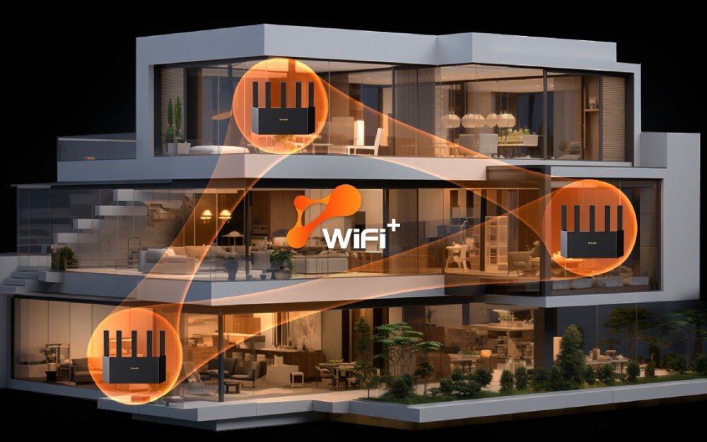 Obraz przedstawia nowoczesny, przeszklony budynek mieszkalny z trzema zaznaczonymi punktami, w których znajdują się routery. Na środku widoczny jest napis \'WiFi+\'.