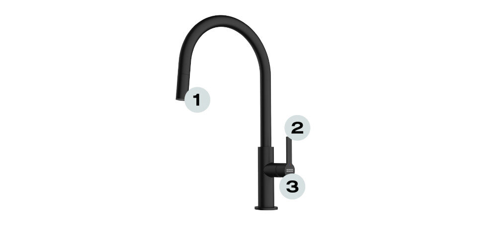 BATERIA KUCHENNA FRANKE Maris Slim J Pull-Out punkty oznaczenia wysoka wylewka montaż blisko ściany trwała głowica Ceramiczna 