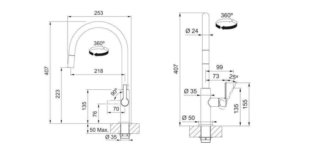 BATERIA KUCHENNA FRANKE Maris Slim J Pull-Out zdjęcie techniczne wymiary Wysokość korpusu wylewki Zasięg kolor czarny mat wykonanie mosiądz