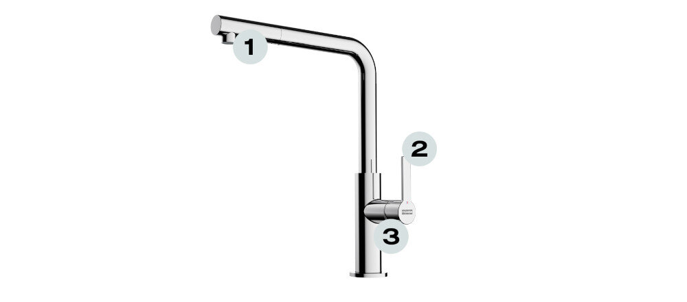 BATERIA KUCHENNA FRANKE Maris Slim L Pull-Out punkty oznaczenia wysoka wylewka montaż blisko ściany trwała głowica Ceramiczna 