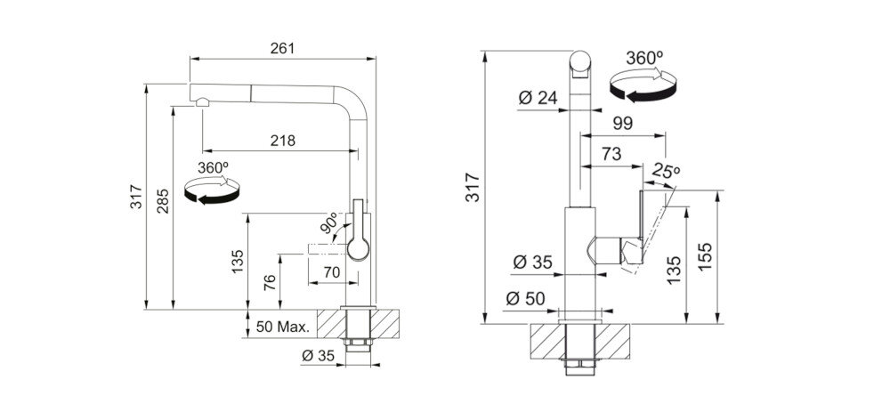 BATERIA KUCHENNA FRANKE Maris Slim L Pull-Out zdjęcie techniczne wymiary Wysokość korpusu wylewki Zasięg kolor chrom wykonanie mosiądz
