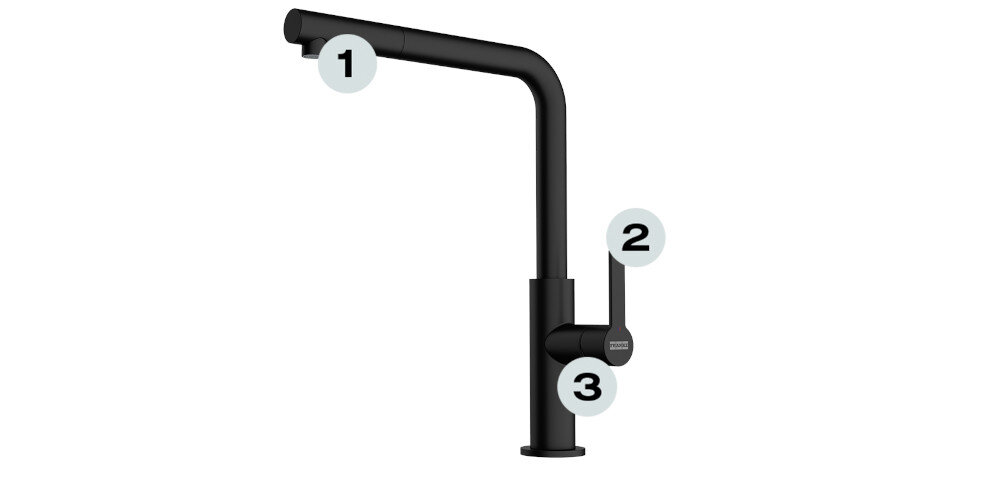 BATERIA KUCHENNA FRANKE Maris Slim L Pull-Out punkty oznaczenia wysoka wylewka montaż blisko ściany trwała głowica Ceramiczna 