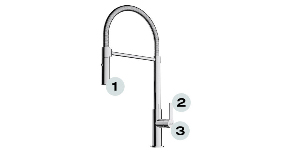 BATERIA KUCHENNA FRANKE MARIS SLIM SEMI-PRO punkty oznaczenia wysoka wylewka montaż blisko ściany trwała głowica Ceramiczna 