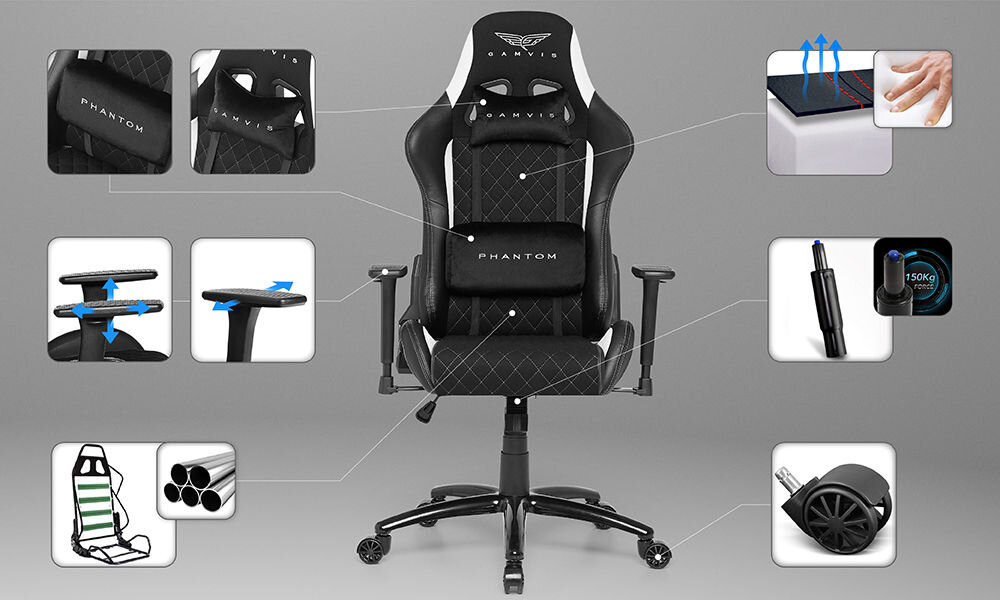 Fotel GAMVIS Phantom Large Czarny (białe elementy) prezentacja fotela na szarym tle dookoła zbliżenia na jego cechy zdjęcia ze strzałkami prowadzącymi na daną rzecz