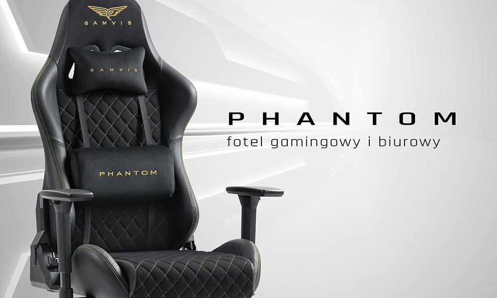 Fotel GAMVIS Phantom Large Czarny (złote elementy) + podnóżek prezentacja fotela na jasnym tle z geometrycznymi wstawkami pod kątem napis marki i przeznaczenia
