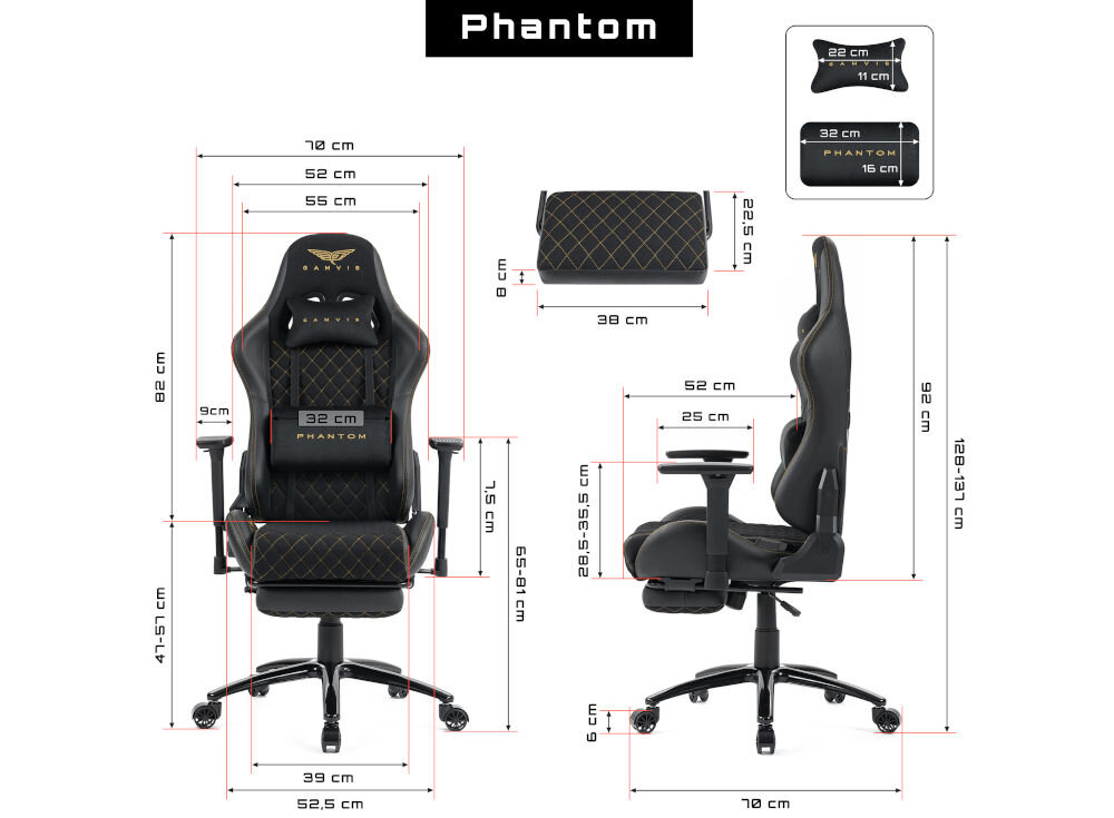 Fotel GAMVIS Phantom Large Czarny (złote elementy) + podnóżek prezentacja fotela od przodu i od boku na białym tle wymiary stabilność