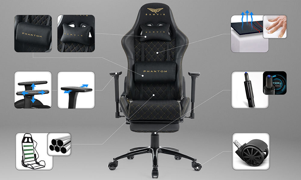 Fotel GAMVIS Phantom Large Czarny (złote elementy) + podnóżek prezentacja fotela na szarym tle dookoła zbliżenia na jego cechy zdjęcia ze strzałkami prowadzącymi na daną rzecz