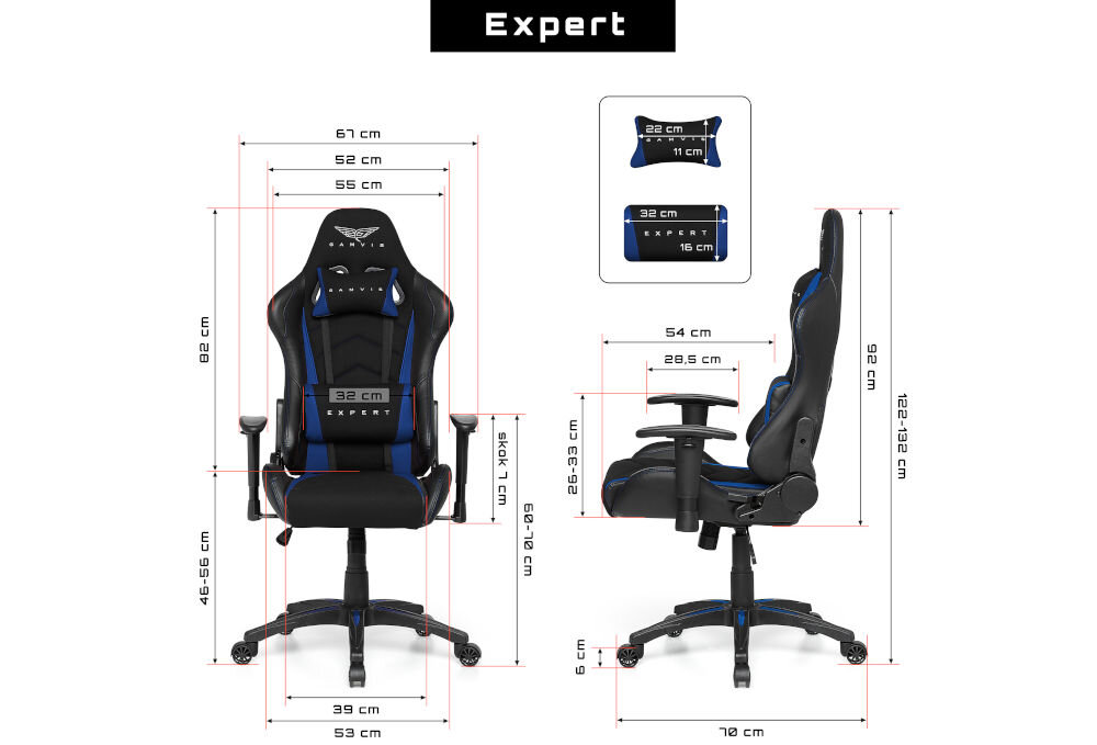Fotel GAMVIS Expert Czarny (niebieskie elementy) prezentacja fotela od przodu i od boku na białym tle wymiary stabilność
