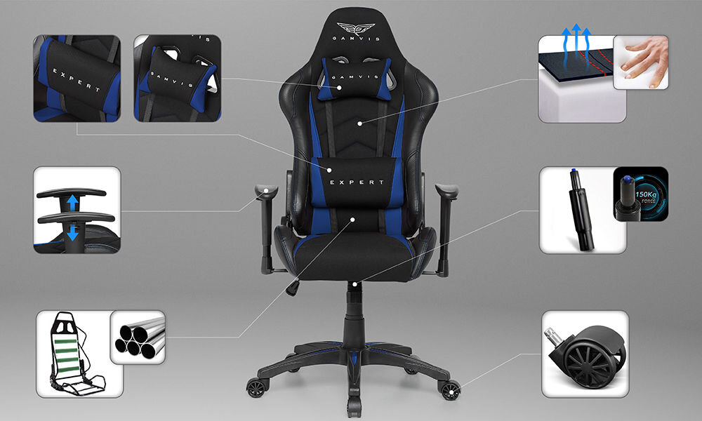 Fotel GAMVIS Expert Czarny (niebieskie elementy) prezentacja fotela na szarym tle dookoła zbliżenia na jego cechy zdjęcia ze strzałkami prowadzącymi na daną rzecz
