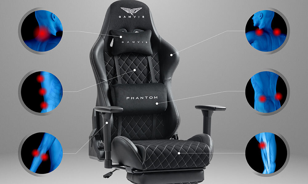 Fotel GAMVIS Phantom Large Czarny (białe elementy) + podnóżek prezentacja fotela na szarym tle i pokazanie miejsc na które fotel działa odciążająco ergonomiczne właściwości profilowane oparcie i siedzisko poduszki pod głowę i odcinek lędźwiowy wspomaganie prawidłowej postawy komfort