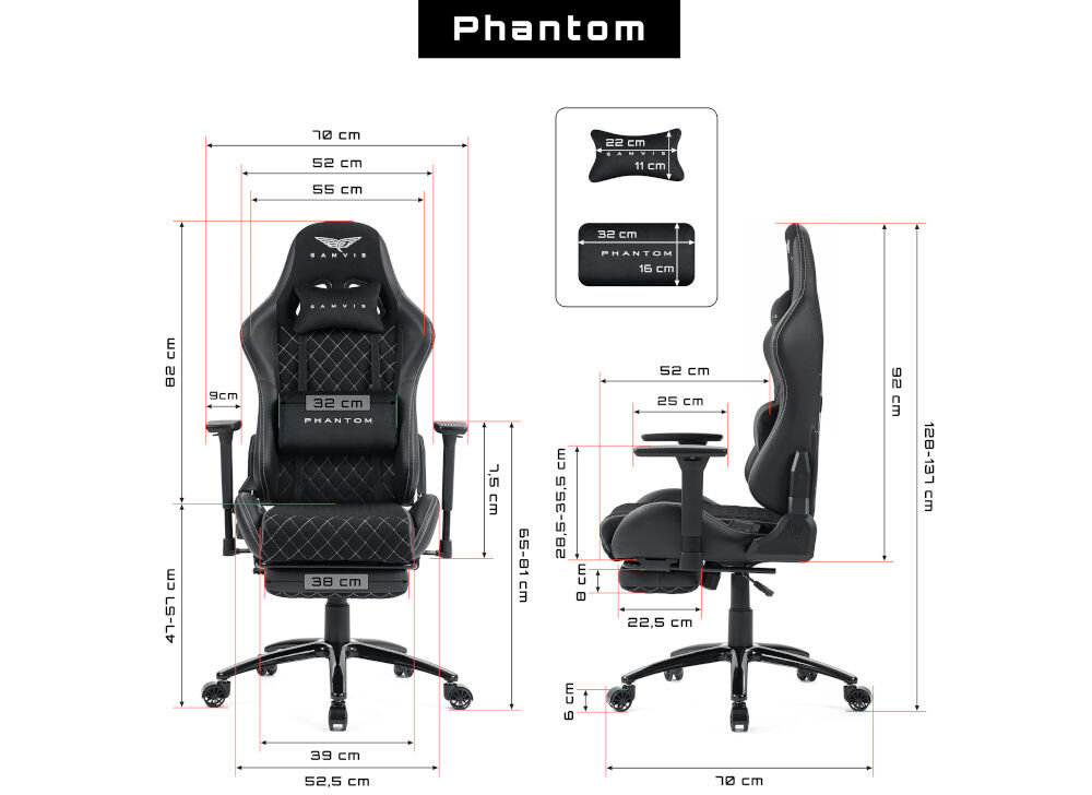 Fotel GAMVIS Phantom Large Czarny (białe elementy) + podnóżek prezentacja fotela od przodu i od boku na białym tle wymiary stabilność