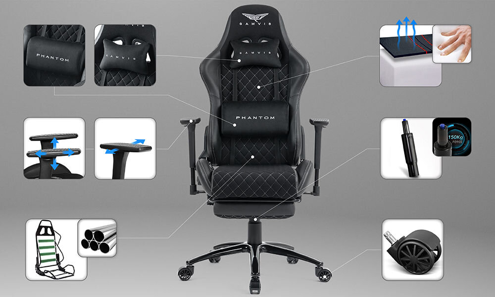 Fotel GAMVIS Phantom Large Czarny (białe elementy) + podnóżek prezentacja fotela na szarym tle dookoła zbliżenia na jego cechy zdjęcia ze strzałkami prowadzącymi na daną rzecz