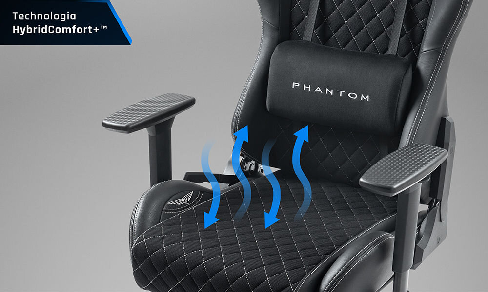 Fotel GAMVIS Phantom Large Czarny (białe elementy) + podnóżek wizualizacja wentylacji fotela zbliżenie na siedzisko szare tło napis z technologią swobodny przepływ powietrza HybridComfort+ wygoda eliminacja efektu przyklejania się