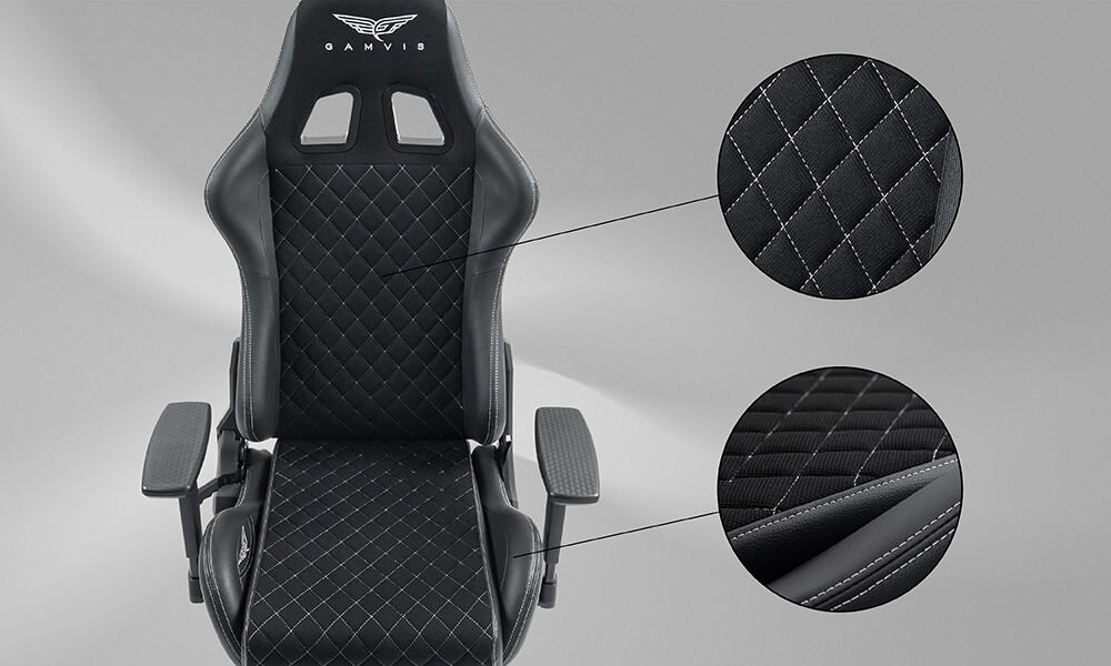 Fotel GAMVIS Phantom Large Czarny (białe elementy) + podnóżek prezentacja fotela i zbliżenie na przeszycia na szarym tle wnętrze luksusowego auta sportowego poczucie prestiżu wygoda komfort