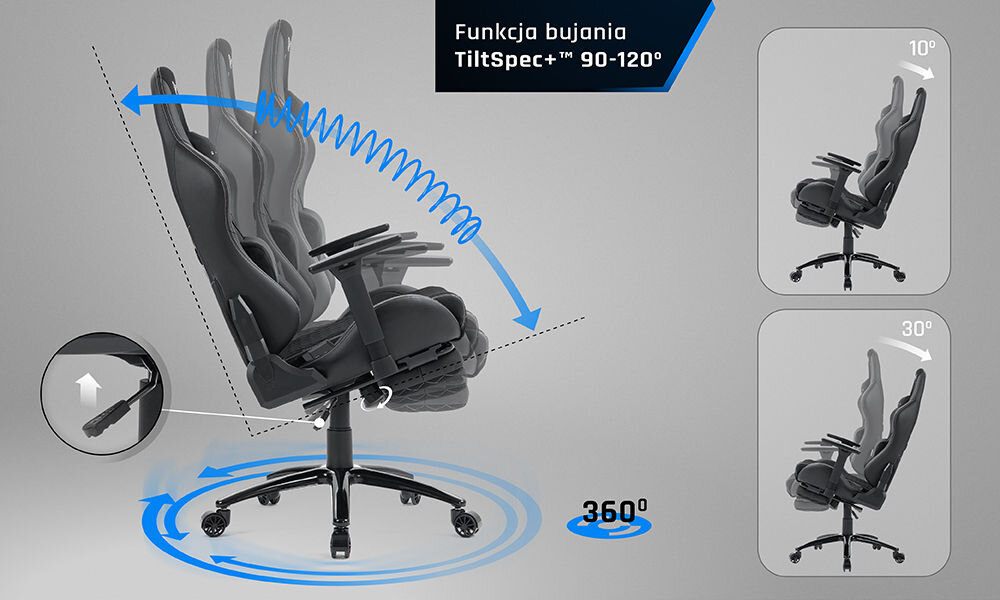 Fotel GAMVIS Phantom Large Czarny (białe elementy) + podnóżek prezentacja możliwego zakresu bujania fotela na szarym tle stabilna konstrukcja przyjemne w dotyku materiały TiltSpec+ odchylenie siedziska wsparcie naturalnego ruchu ciała poprawa wygody bez uczucia zmęczenia