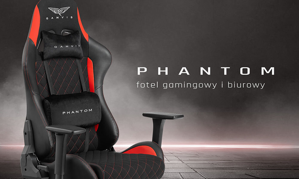 Fotel GAMVIS Phantom Large Czarny (czerwone elementy) prezentacja fotela na szarym tle z imitacją dymu pod kątem listwa led napis marki i przeznaczenia