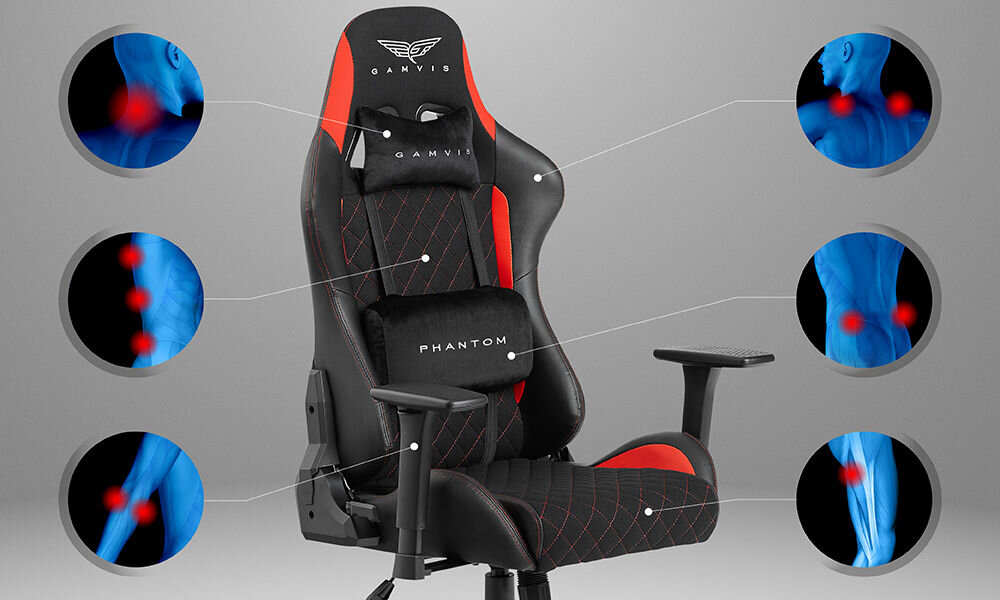 Fotel GAMVIS Phantom Large Czarny (czerwone elementy) prezentacja fotela na szarym tle i pokazanie miejsc na które fotel działa odciążająco ergonomiczne właściwości profilowane oparcie i siedzisko poduszki pod głowę i odcinek lędźwiowy wspomaganie prawidłowej postawy komfort