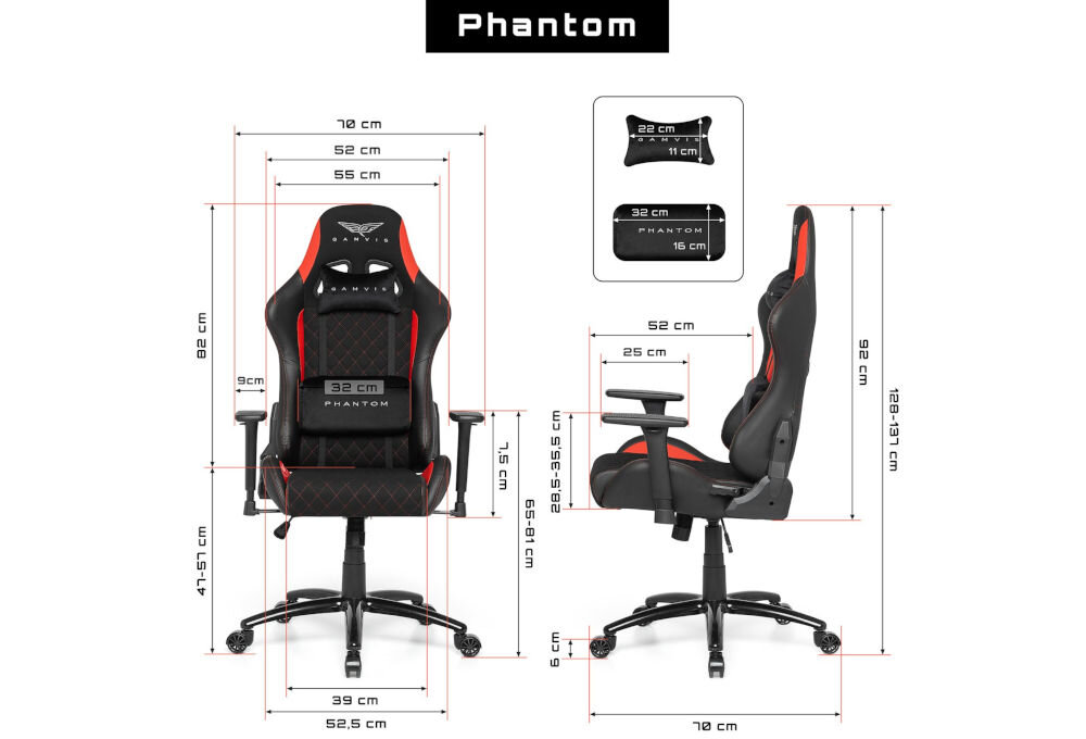 Fotel GAMVIS Phantom Large Czarny (czerwone elementy) prezentacja fotela od przodu i od boku na białym tle wymiary stabilność