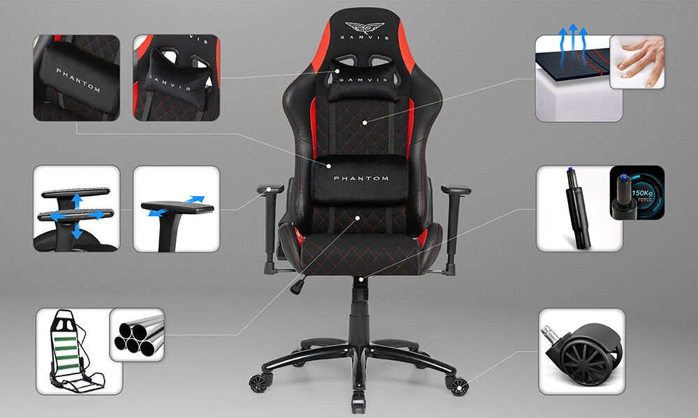 Fotel GAMVIS Phantom Large Czarny (czerwone elementy) prezentacja fotela na szarym tle dookoła zbliżenia na jego cechy zdjęcia ze strzałkami prowadzącymi na daną rzecz