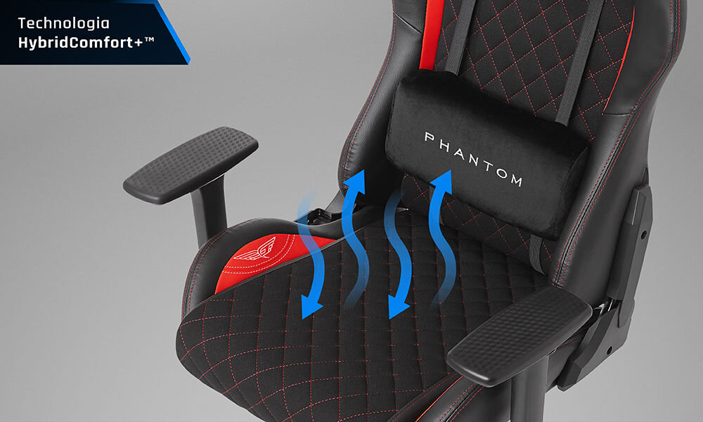 Fotel GAMVIS Phantom Large Czarny (czerwone elementy) wizualizacja wentylacji fotela zbliżenie na siedzisko szare tło napis z technologią swobodny przepływ powietrza HybridComfort+ wygoda eliminacja efektu przyklejania się