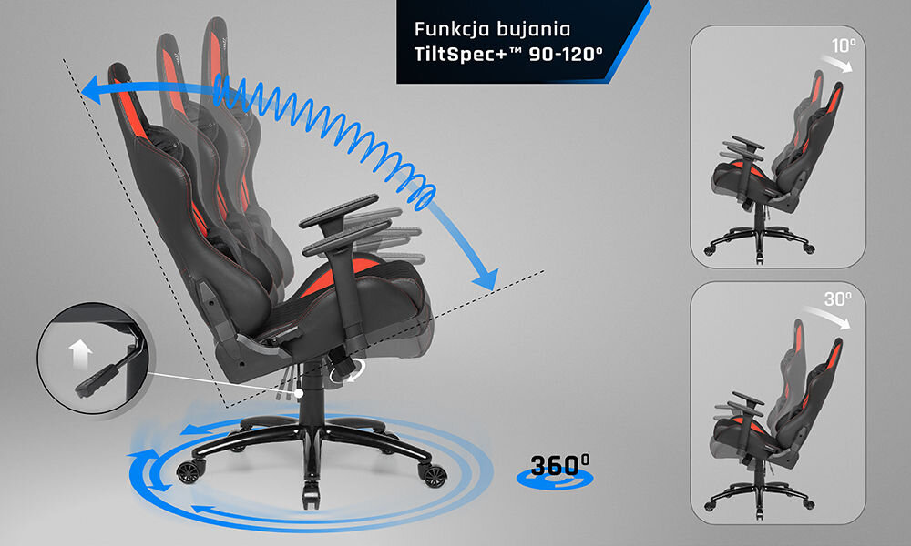 Fotel GAMVIS Phantom Large Czarny (czerwone elementy) prezentacja możliwego zakresu bujania fotela na szarym tle stabilna konstrukcja przyjemne w dotyku materiały TiltSpec+ odchylenie siedziska wsparcie naturalnego ruchu ciała poprawa wygody bez uczucia zmęczenia