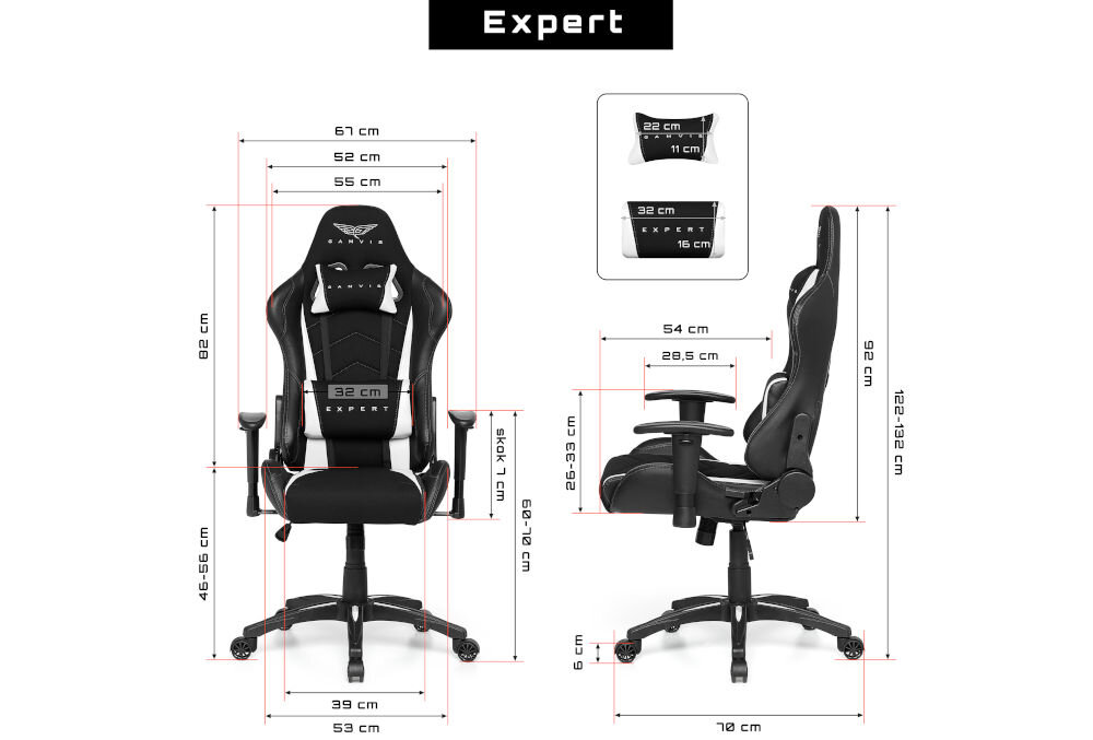 Fotel GAMVIS Expert Czarny (białe elementy) prezentacja fotela od przodu i od boku na białym tle wymiary stabilność