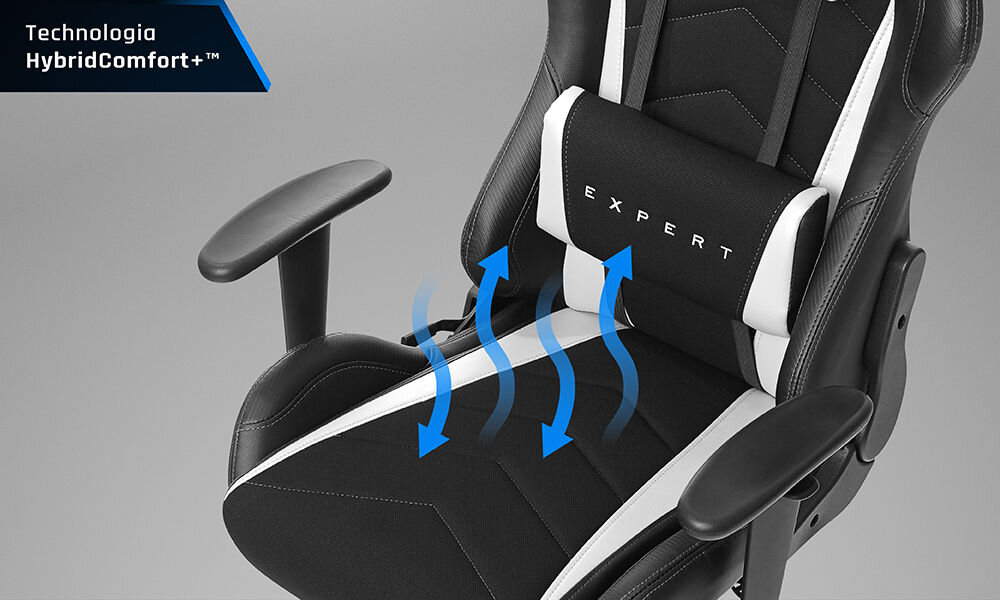 Fotel GAMVIS Expert Czarny (białe elementy) wizualizacja wentylacji fotela zbliżenie na siedzisko szare tło napis z technologią swobodny przepływ powietrza HybridComfort+ wygoda eliminacja efektu przyklejania się