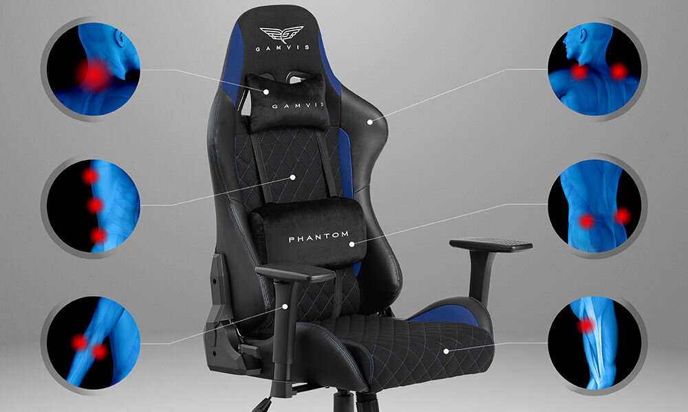 Fotel GAMVIS Phantom Large Czarny (niebieskie elementy) prezentacja fotela na szarym tle i pokazanie miejsc na które fotel działa odciążająco ergonomiczne właściwości profilowane oparcie i siedzisko poduszki pod głowę i odcinek lędźwiowy wspomaganie prawidłowej postawy komfort