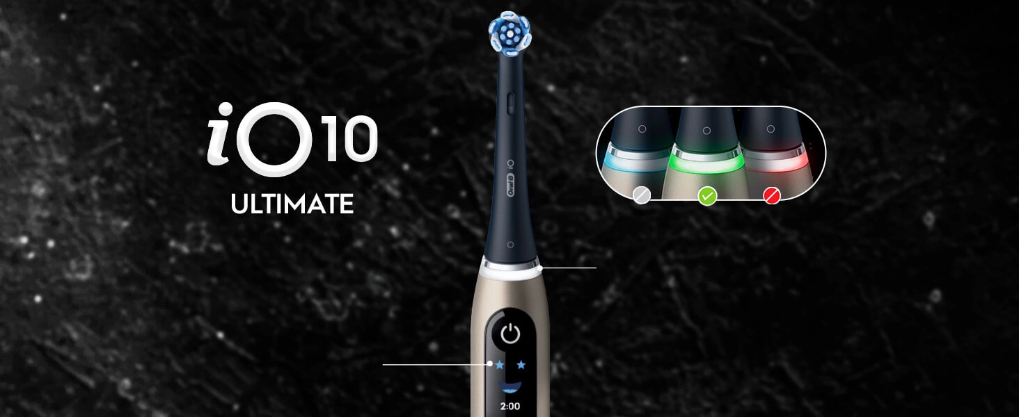 Szczoteczka Oral-B iO 10 Ultimate, czarno-złota, z ilustracją czujnika nacisku w trzech kolorach.