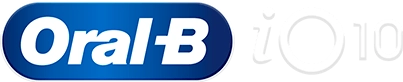 Logo Oral-B iO 10: 'Oral-B' w kolorze białym na niebieskim tle, po prawej 'iO' i mała '10' w kolorze białym.